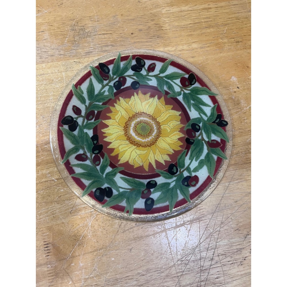 Peggy Karr Fused‎ Glass Sunflower Olive Branch Plate 11.5" Vtg Mediterranean Art